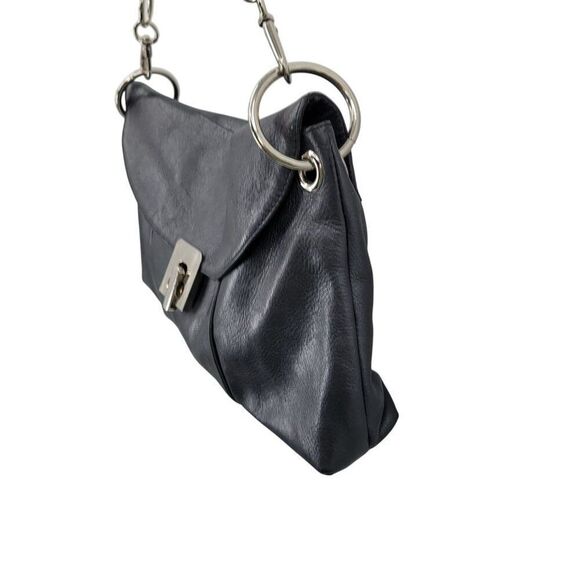 Kate Landry Metallic Gun Metal Leather Shoulder‎ Bag Chain Strap Baguette Baddie - Picture 9 of 12